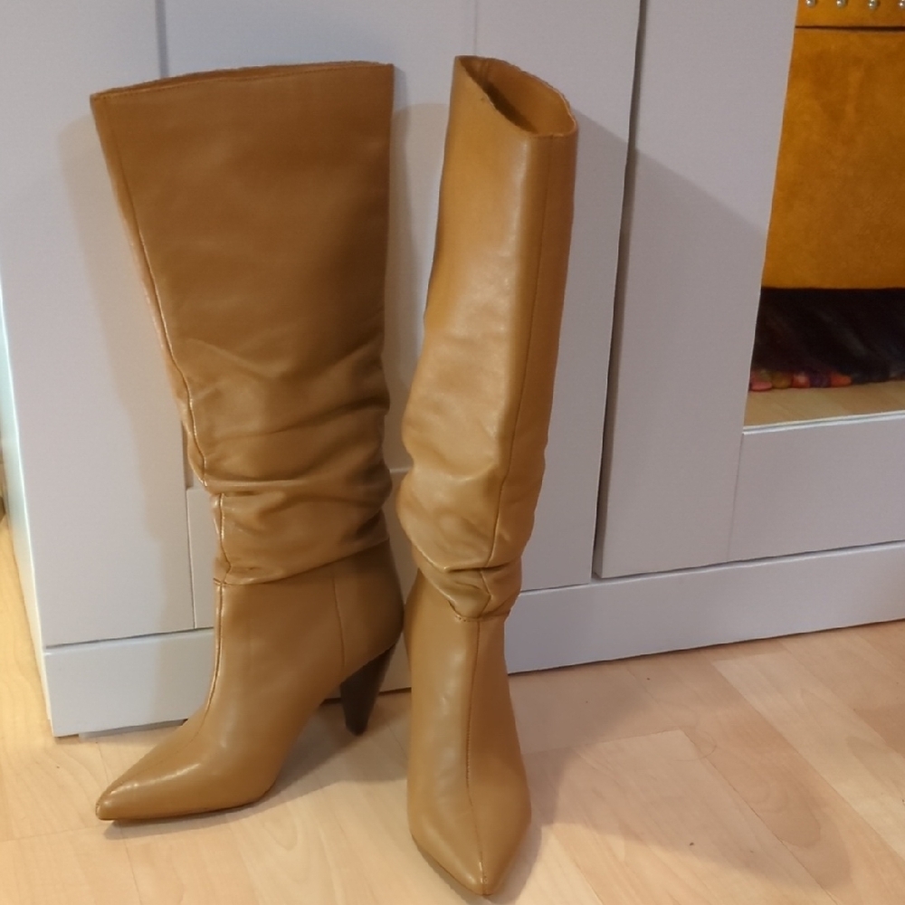 Kensie Tan Heeled Boots with Knee High Slouchy Style